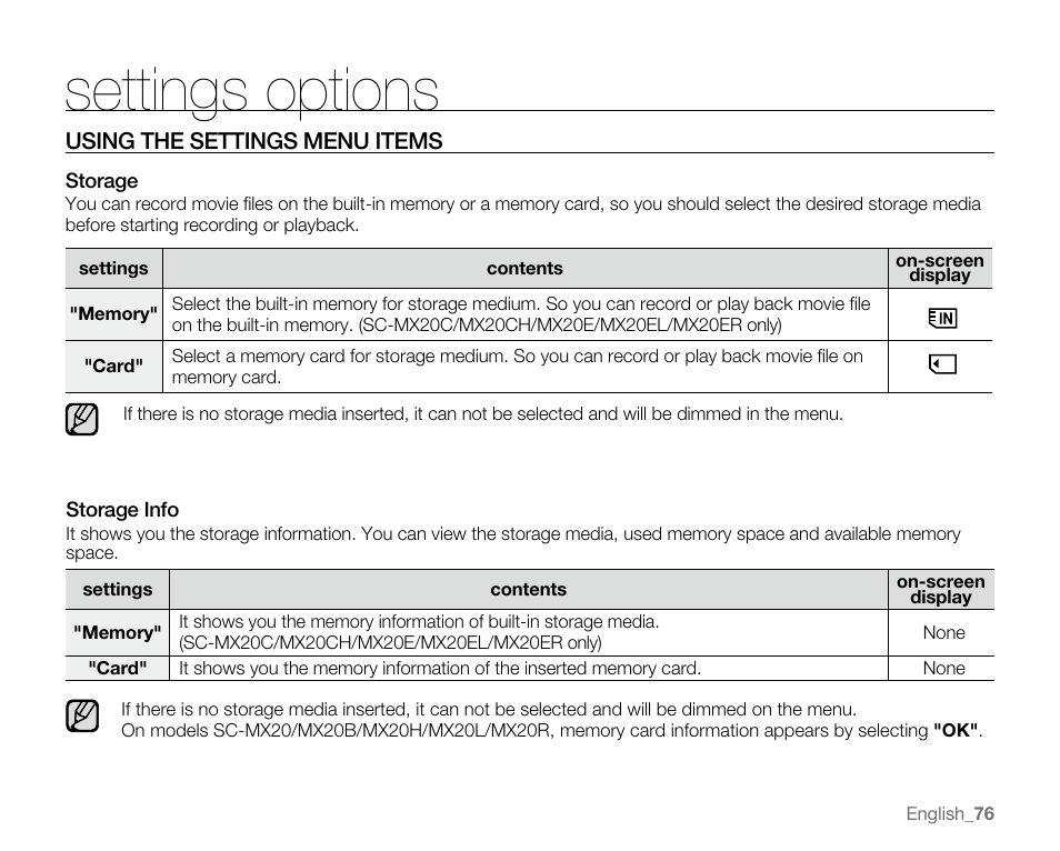 Using the settings menu items, Settings options | Samsung SC-MX20E-QVC User Manual | Page 86 / 125