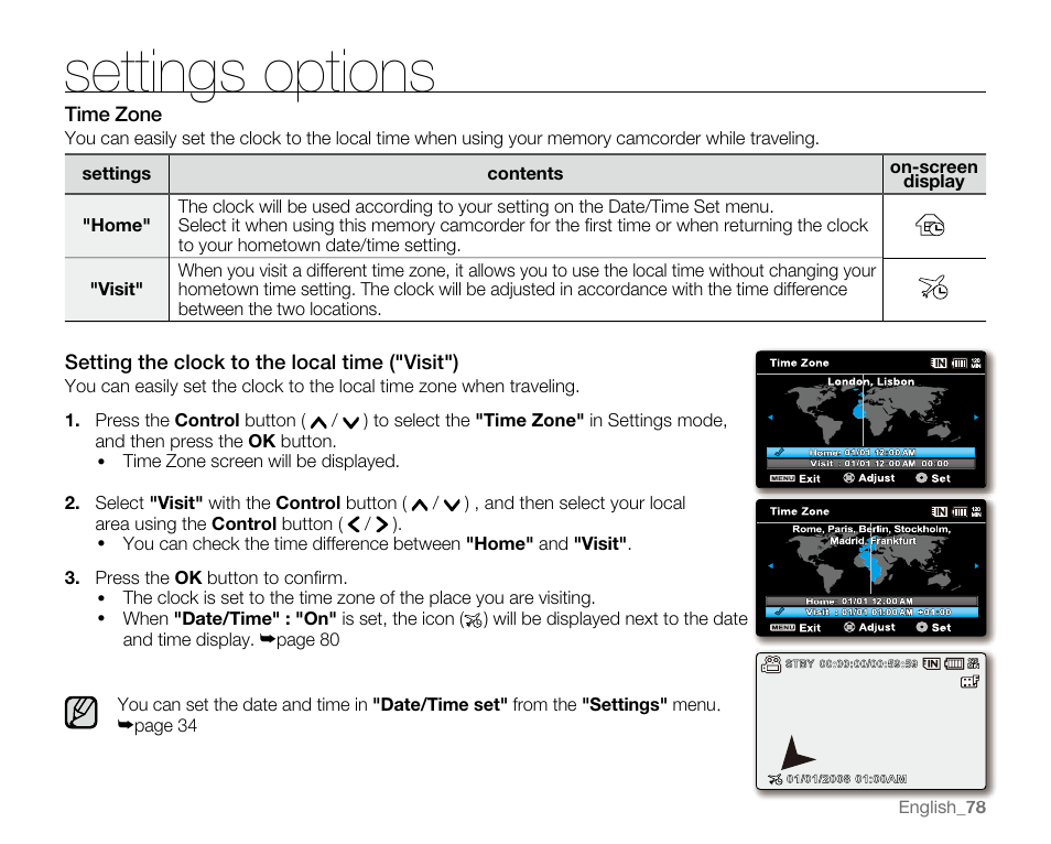 Settings options, Time zone, Setting the clock to the local time ("visit") | Samsung SC-MX20E-QVC User Manual | Page 88 / 125