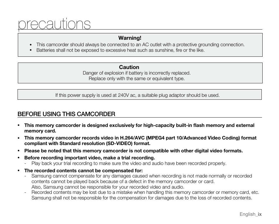 Precautions, Before using this camcorder | Samsung SC-MX20E-QVC User Manual | Page 9 / 125