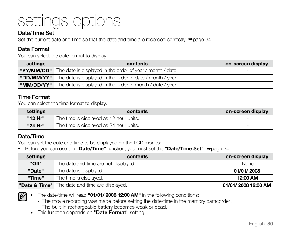 Settings options | Samsung SC-MX20E-QVC User Manual | Page 90 / 125