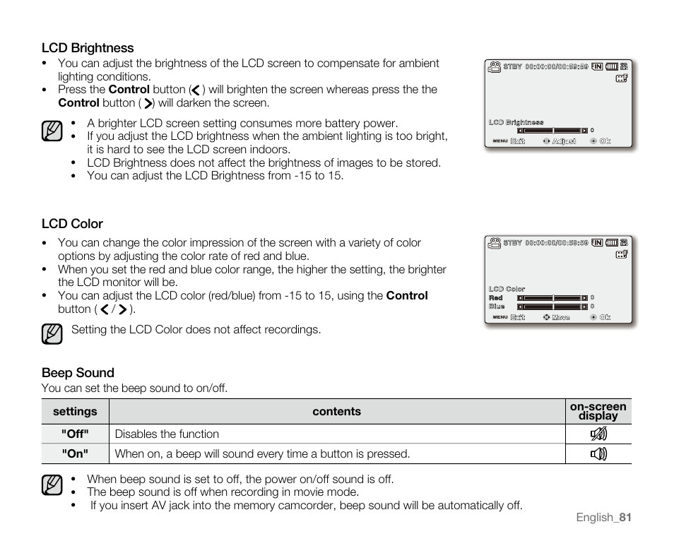 Lcd brightness, Lcd color, Beep sound | Samsung SC-MX20E-QVC User Manual | Page 91 / 125