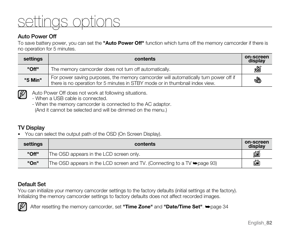 Settings options | Samsung SC-MX20E-QVC User Manual | Page 92 / 125