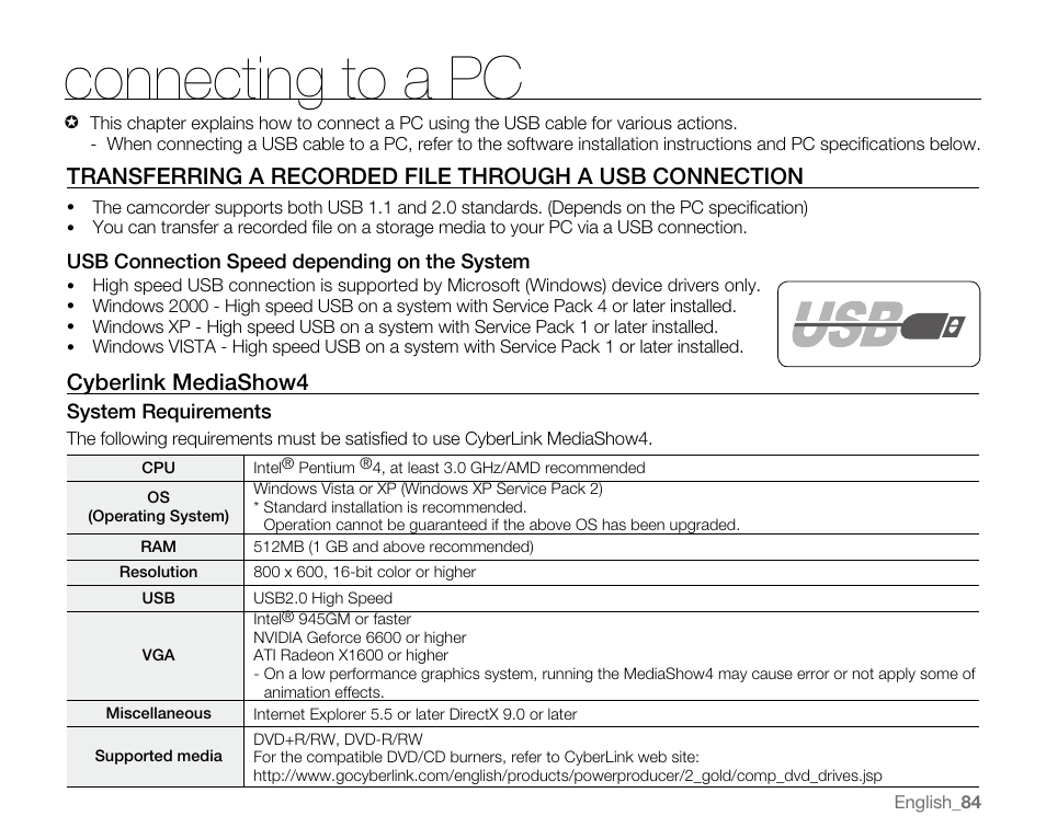 Connecting to a pc, Cyberlink mediashow4 | Samsung SC-MX20E-QVC User Manual | Page 94 / 125