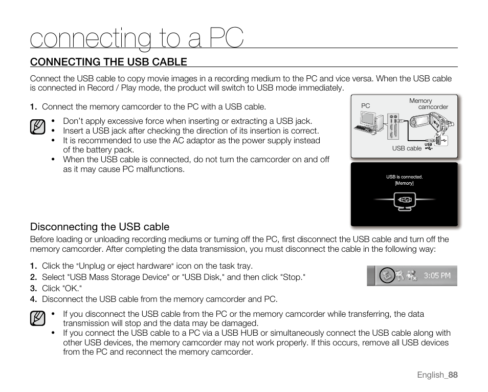 Connecting to a pc, Connecting the usb cable, Disconnecting the usb cable | Samsung SC-MX20E-QVC User Manual | Page 98 / 125