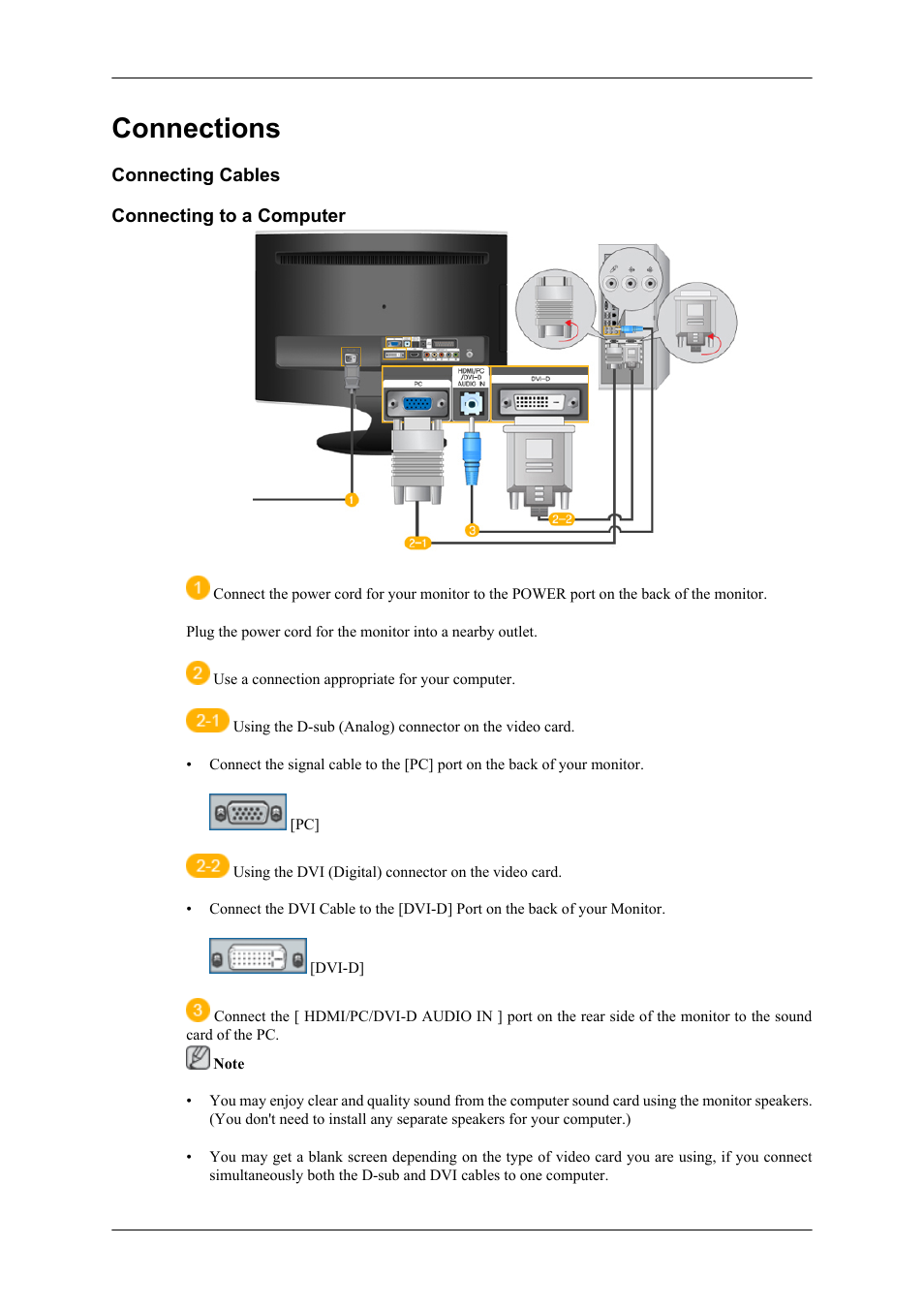 Connections, Connecting cables, Connecting to a computer | Samsung LS24TDNSUV-ZA User Manual | Page 11 / 24
