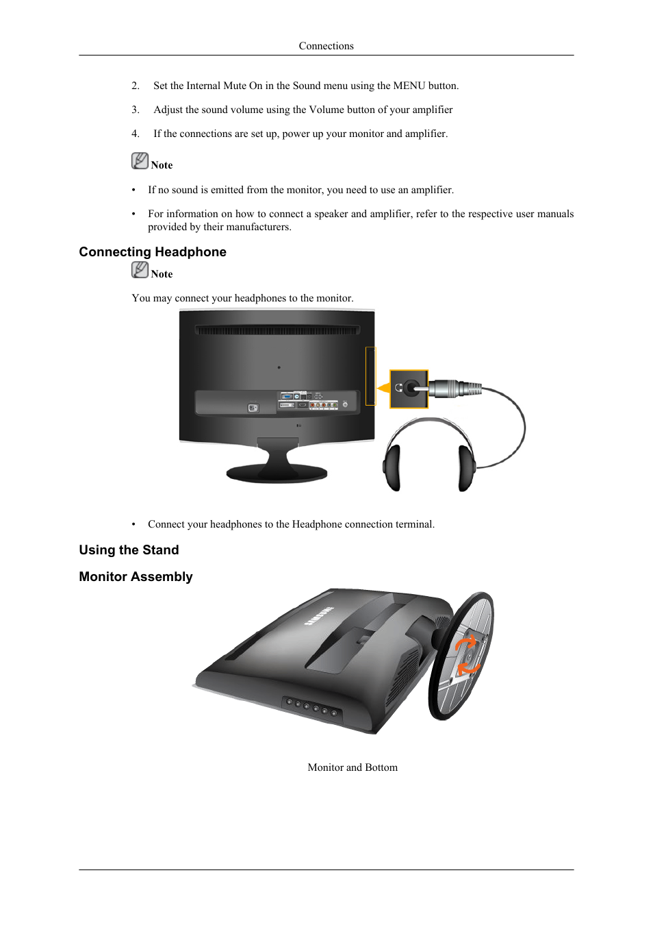 Connecting headphone, Using the stand, Monitor assembly | Samsung LS24TDNSUV-ZA User Manual | Page 16 / 24