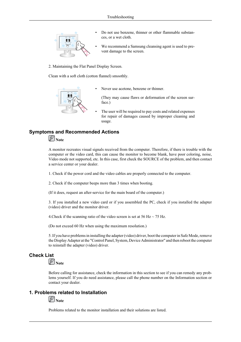 Symptoms and recommended actions, Check list, Problems related to installation | Samsung LS24TDNSUV-ZA User Manual | Page 19 / 24