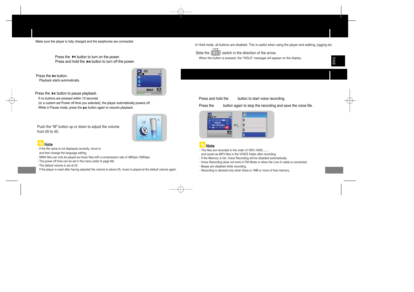 Basic usage, Playing music and turning off the device, Hold function | Recording voice, I playing music (power on), I pausing music (power off), I adjusting the volume, I turning power on and off | Samsung YP-T7X-XAA User Manual | Page 21 / 42