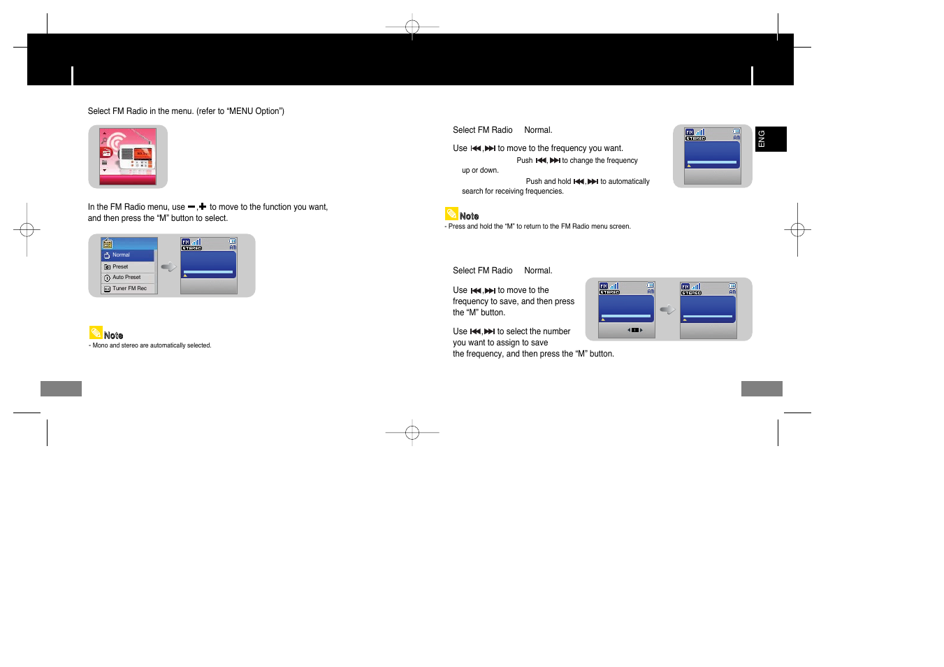 Fm radio settings, I listening to fm radio, I manual storage of a frequency | Samsung YP-T7X-XAA User Manual | Page 26 / 42