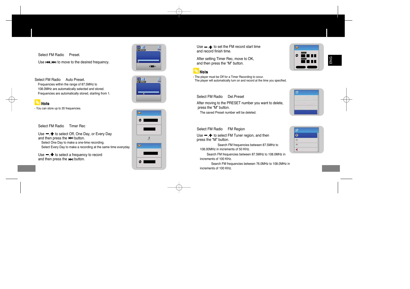 Fm radio settings, I searching stored frequencies, I timer rec | I automatic storage of a frequency, I preset delete, I fm region | Samsung YP-T7X-XAA User Manual | Page 27 / 42