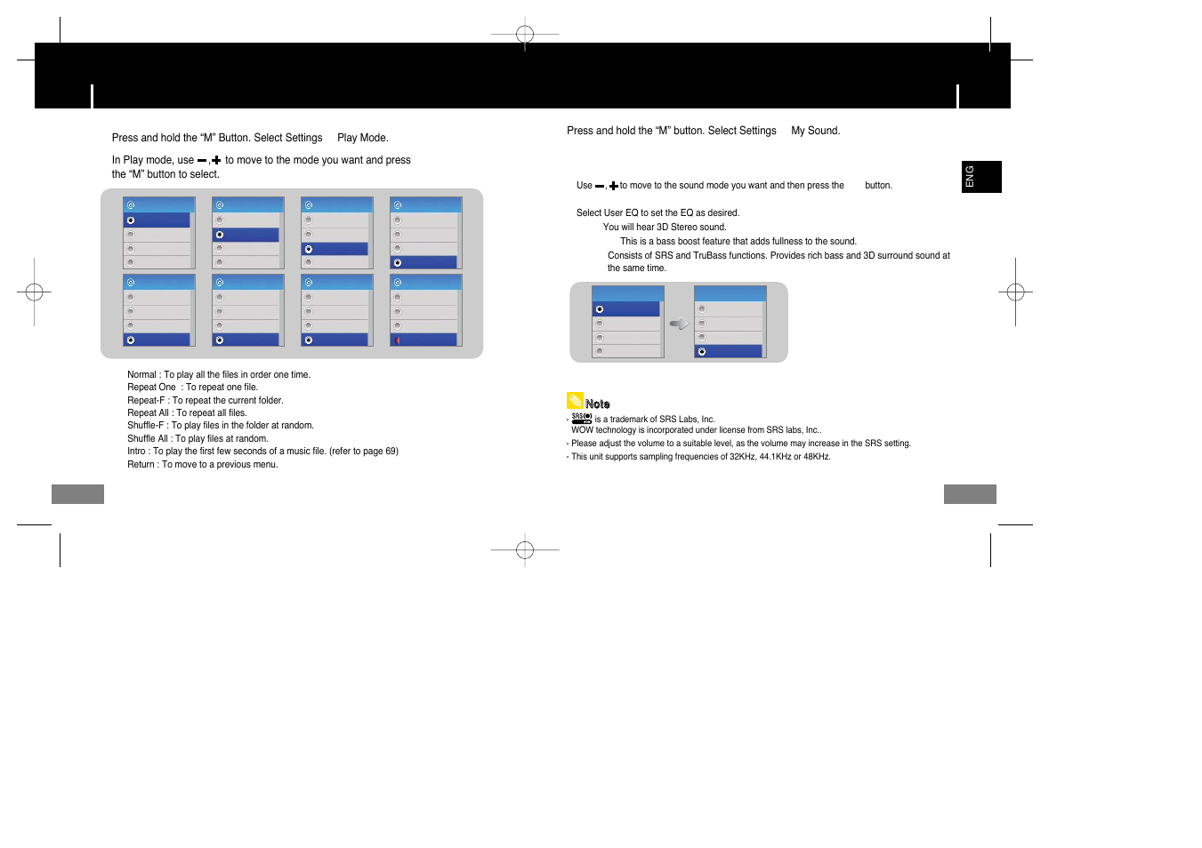 Selecting the play mode, Sound settings, Sound settings selecting the play mode | I preset eq | Samsung YP-T7X-XAA User Manual | Page 30 / 42