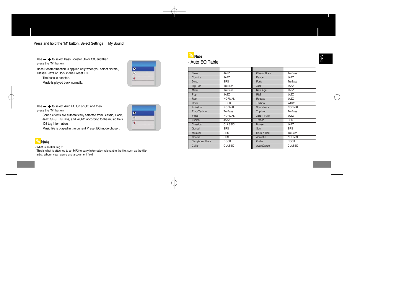 Sound settings, I bass booster, I auto eq | Auto eq table | Samsung YP-T7X-XAA User Manual | Page 31 / 42