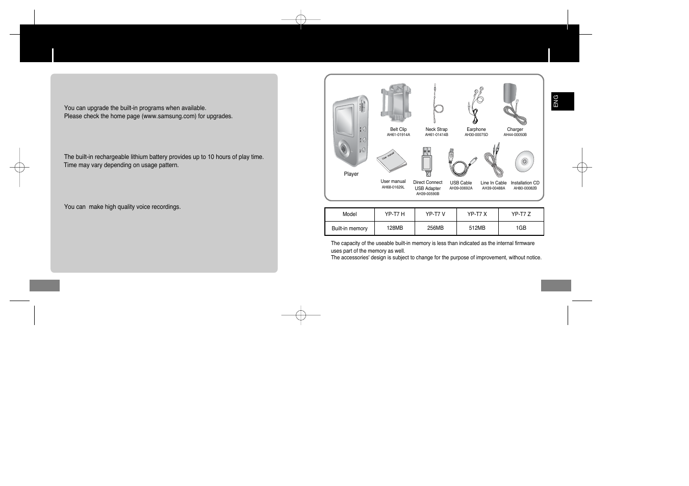 Components, Components features, Upgradable | Built-in rechargeable li-polymer battery, Voice recording function | Samsung YP-T7X-XAA User Manual | Page 6 / 42