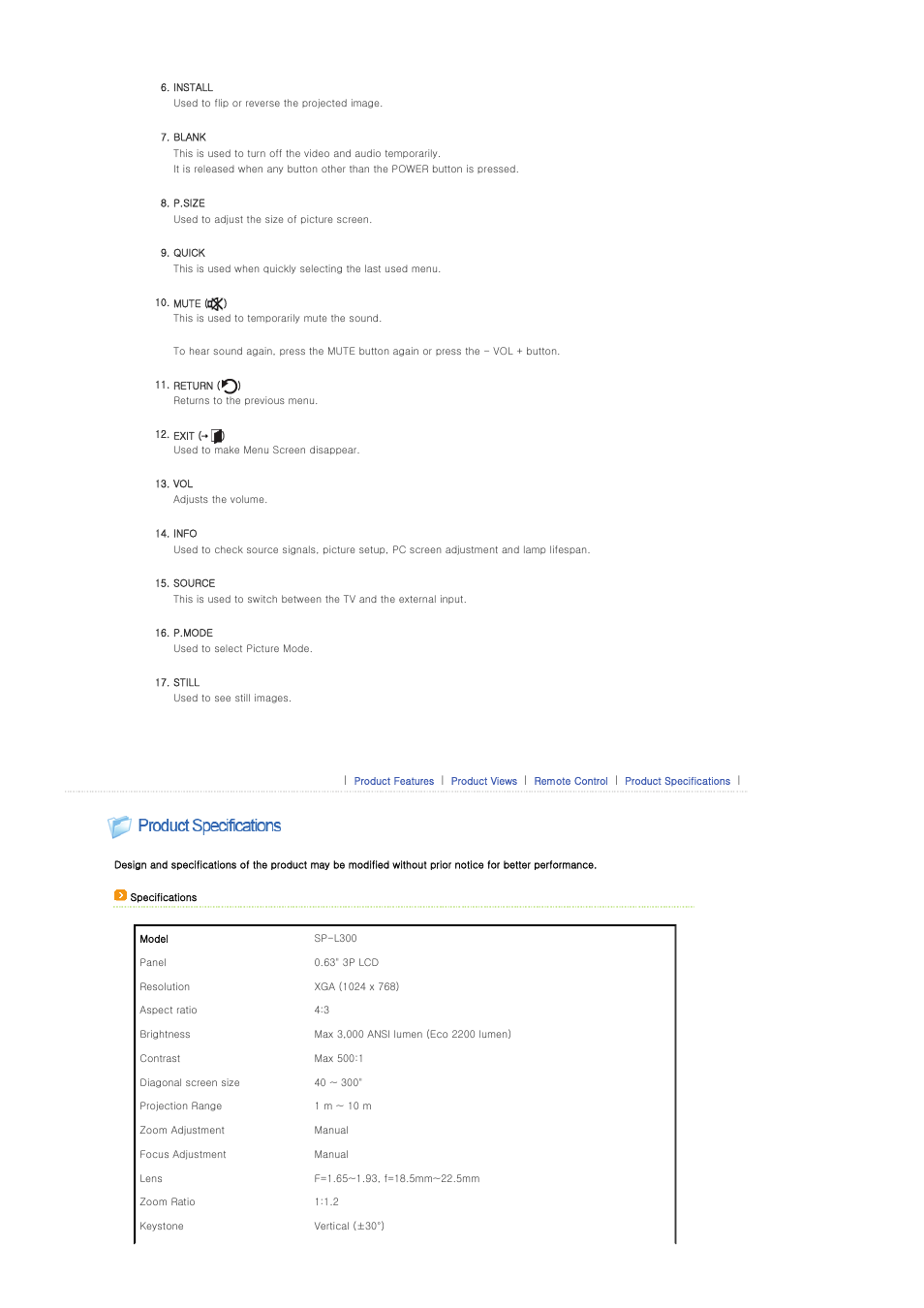 Product specifications | Samsung SPL300WX-ZA User Manual | Page 12 / 39