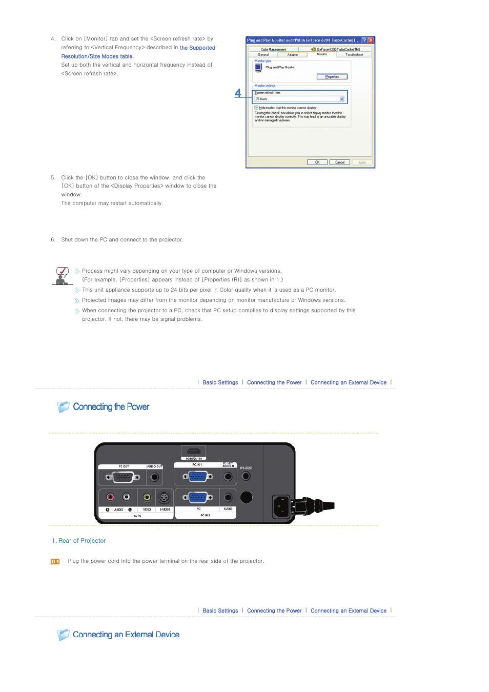 Connecting the power, Connecting an external device | Samsung SPL300WX-ZA User Manual | Page 19 / 39