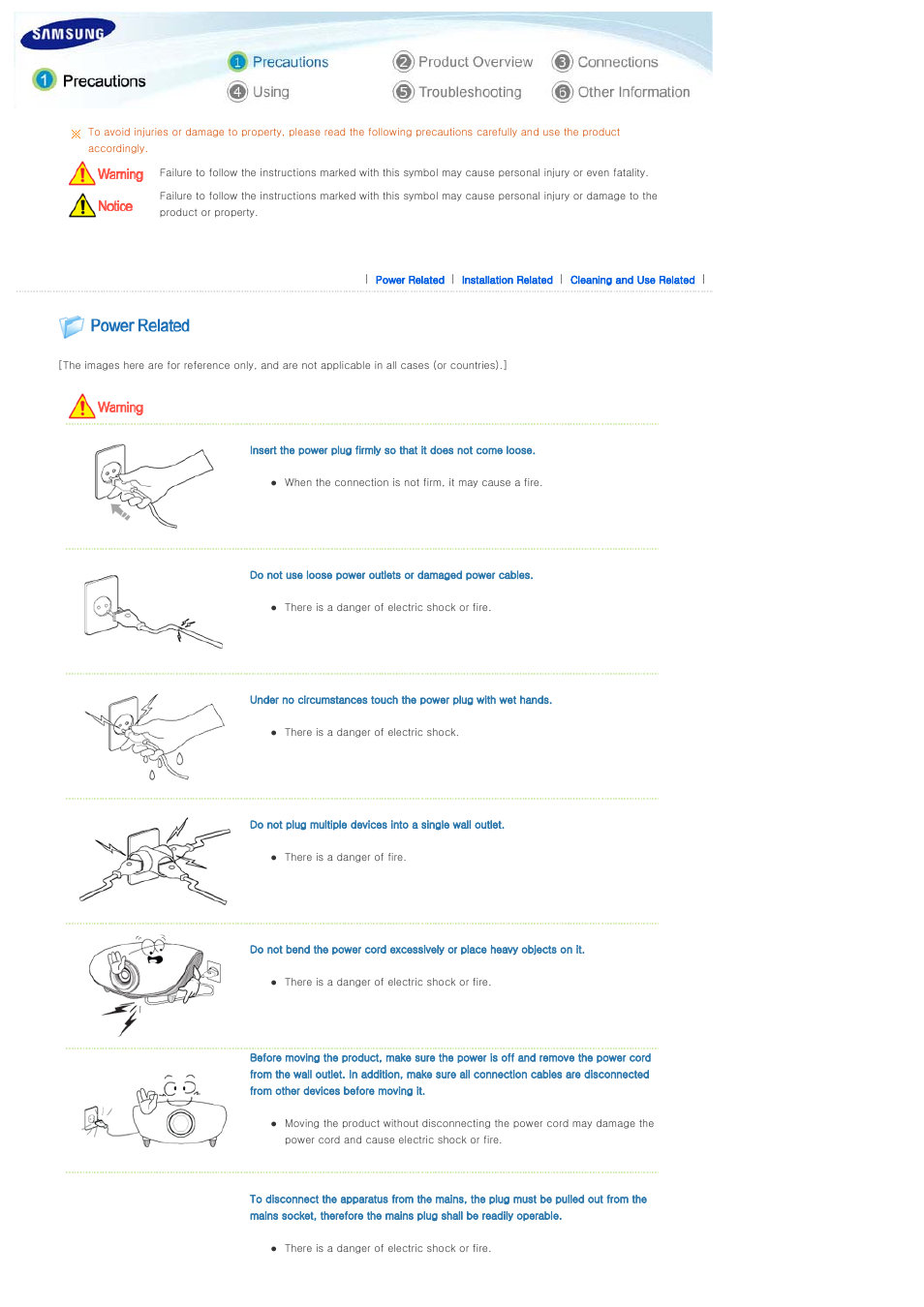 Precautions, Power related | Samsung SPL300WX-ZA User Manual | Page 2 / 39