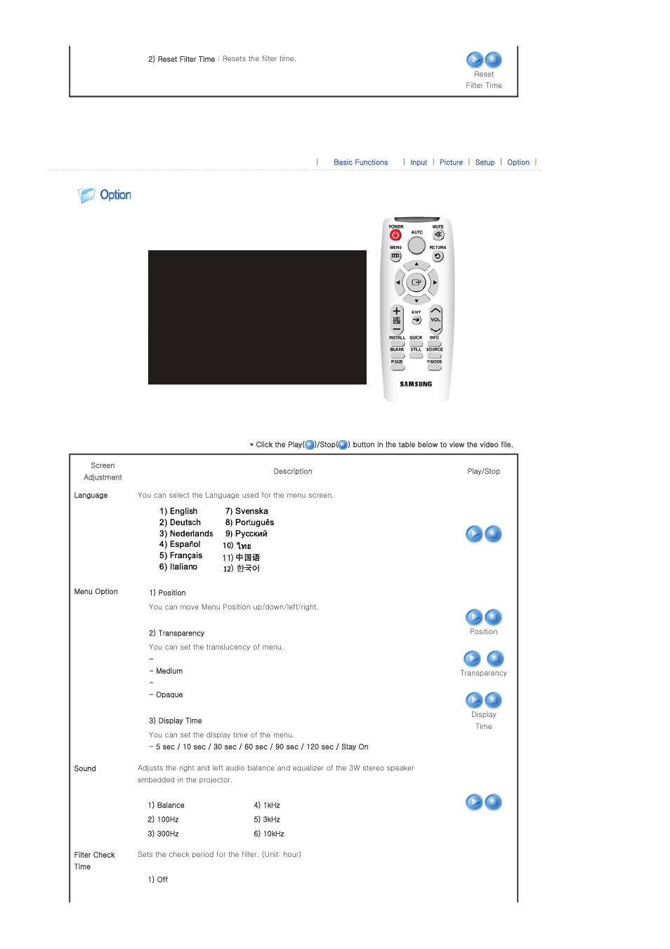 Option | Samsung SPL300WX-ZA User Manual | Page 30 / 39