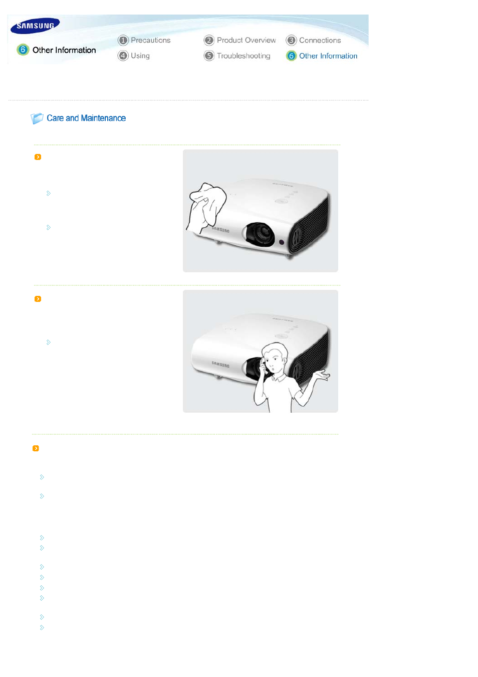 Other information, Care and maintenance | Samsung SPL300WX-ZA User Manual | Page 34 / 39