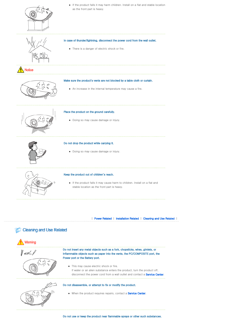 Cleaning and use related | Samsung SPL300WX-ZA User Manual | Page 4 / 39