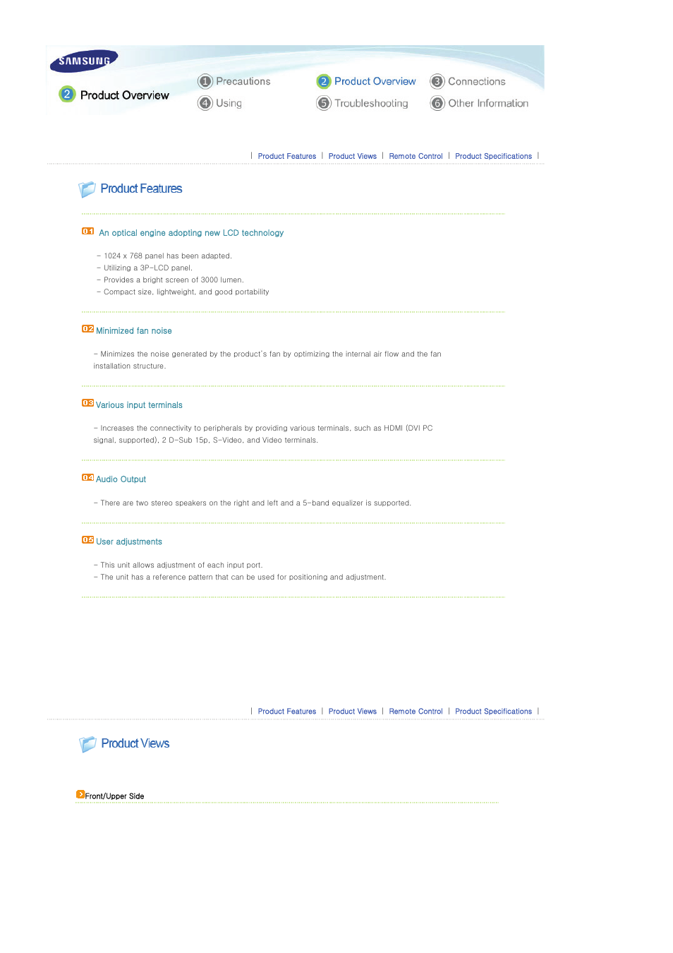 Product features, Product views | Samsung SPL300WX-ZA User Manual | Page 7 / 39