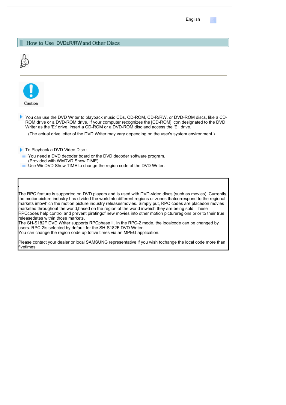 How to use dvd±r/rw and other discs, Dvd region protection coding (rpc) | Samsung SH-S182M-BEBE User Manual | Page 21 / 32