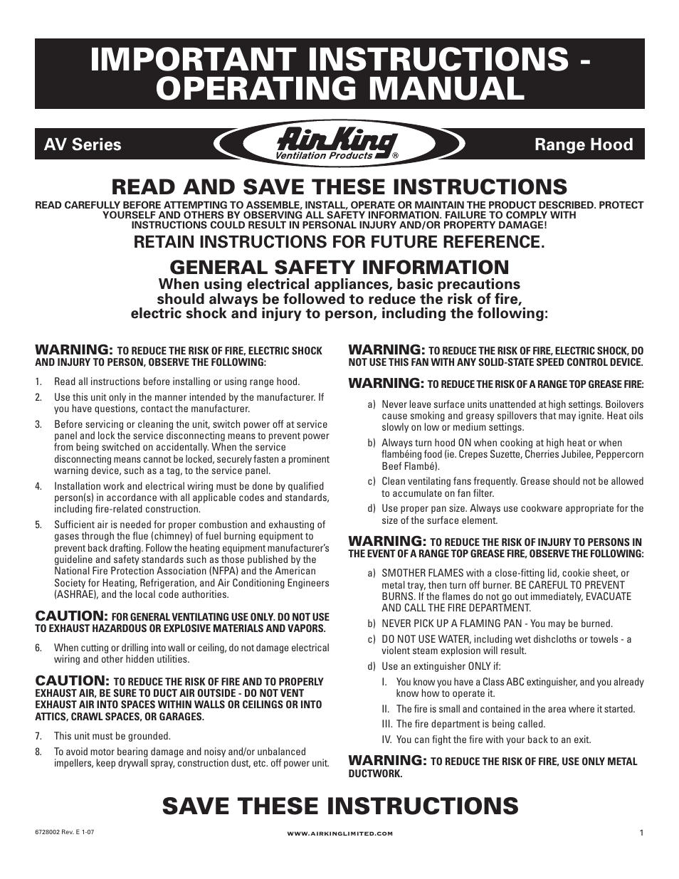 Air King Ventilation Hood User Manual | 16 pages