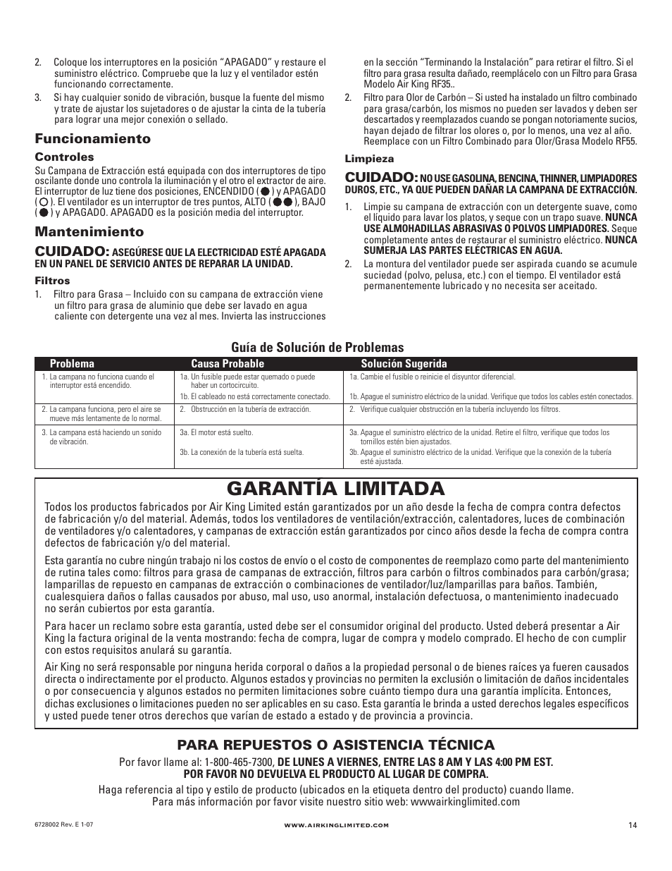 Garantía limitada, Guía de solución de problemas, Para repuestos o asistencia técnica | Funcionamiento, Mantenimiento cuidado, Cuidado | Air King Ventilation Hood User Manual | Page 14 / 16