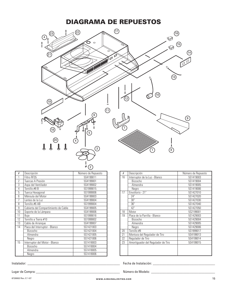 Diagrama de repuestos | Air King Ventilation Hood User Manual | Page 15 / 16