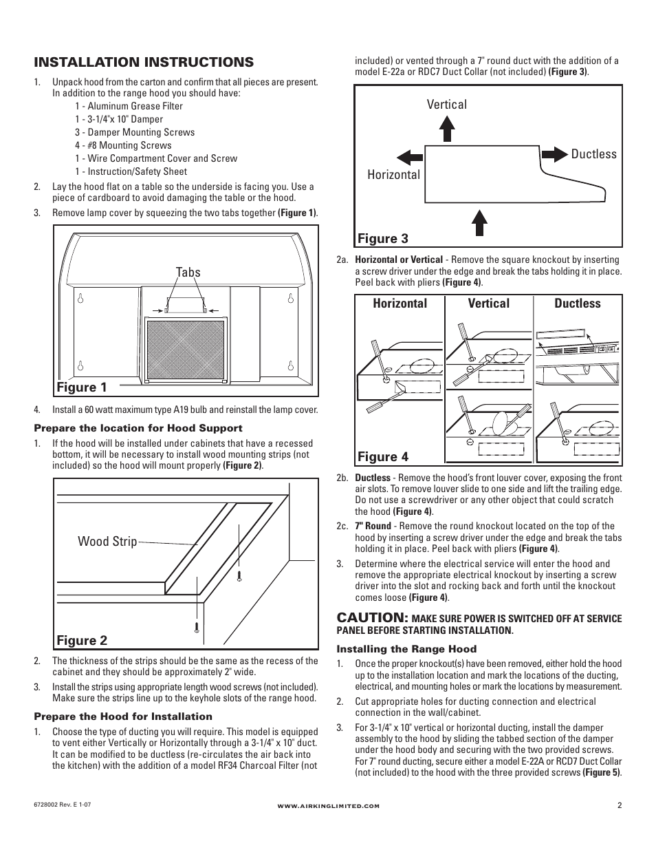 Installation instructions, Caution, Tabs figure 1 | Air King Ventilation Hood User Manual | Page 2 / 16