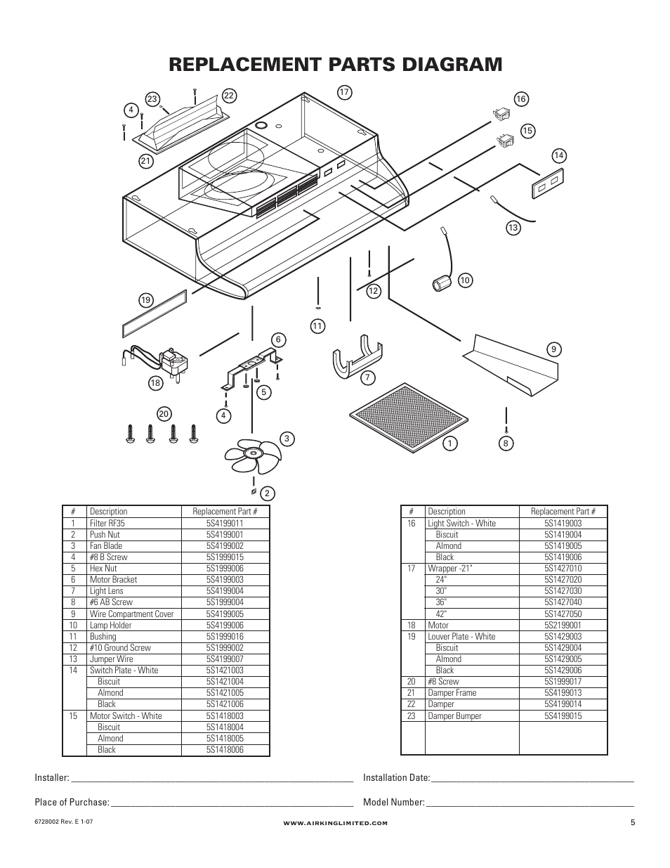 Replacement parts diagram | Air King Ventilation Hood User Manual | Page 5 / 16