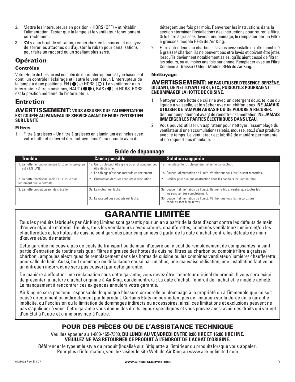 Garantie limitée, Guide de dépannage, Pour des pièces ou de l’assistance technique | Opération, Entretien avertissement, Avertissement | Air King Ventilation Hood User Manual | Page 9 / 16