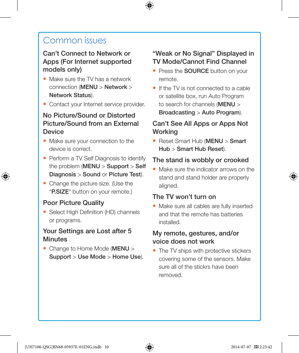 Common issues | Samsung UN65H7100AFXZA User Manual | Page 10 / 12