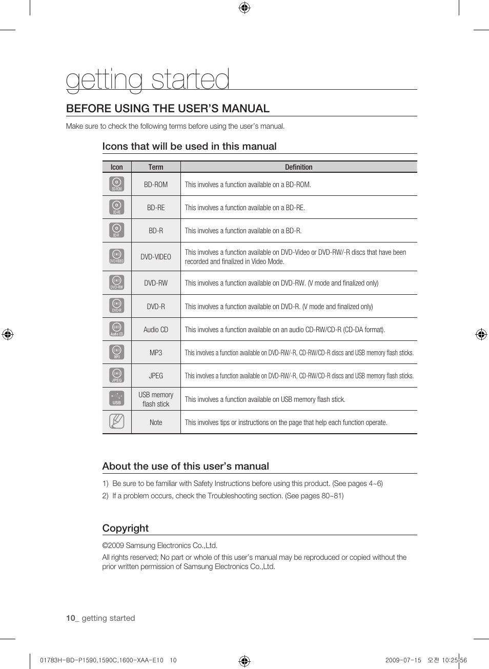 Getting started, Before using the user’s manual | Samsung BD-P1600-XAA User Manual | Page 10 / 87