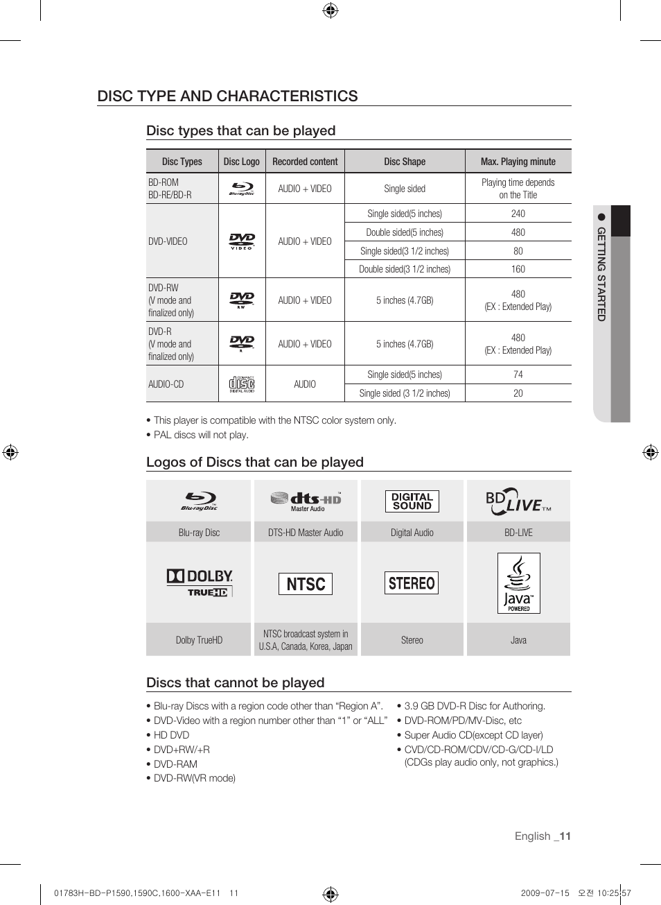 Disc type and characteristics, Disc types that can be played, Logos of discs that can be played | Discs that cannot be played | Samsung BD-P1600-XAA User Manual | Page 11 / 87