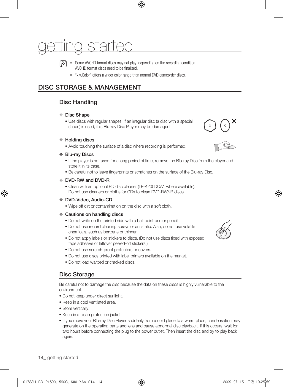 Disc storage & management, Getting started | Samsung BD-P1600-XAA User Manual | Page 14 / 87