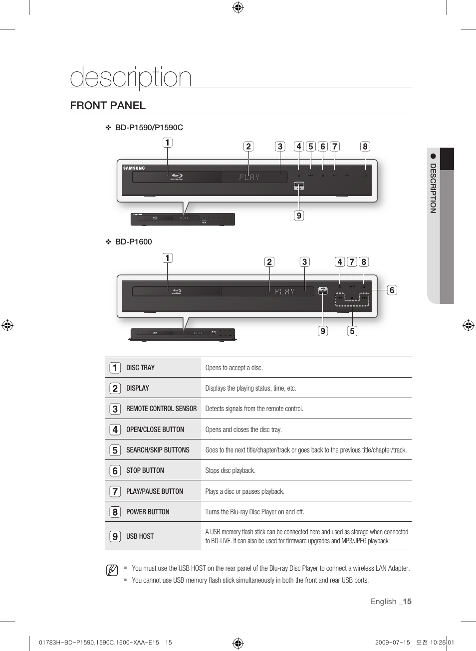 Description, Front panel | Samsung BD-P1600-XAA User Manual | Page 15 / 87