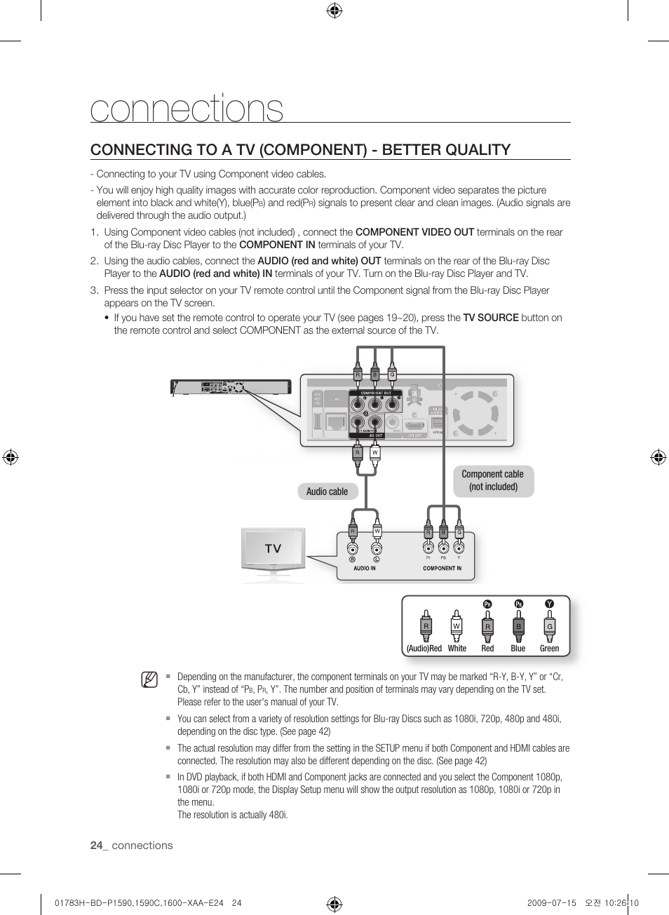 Connecting to a tv (component) - better quality, Connections | Samsung BD-P1600-XAA User Manual | Page 24 / 87