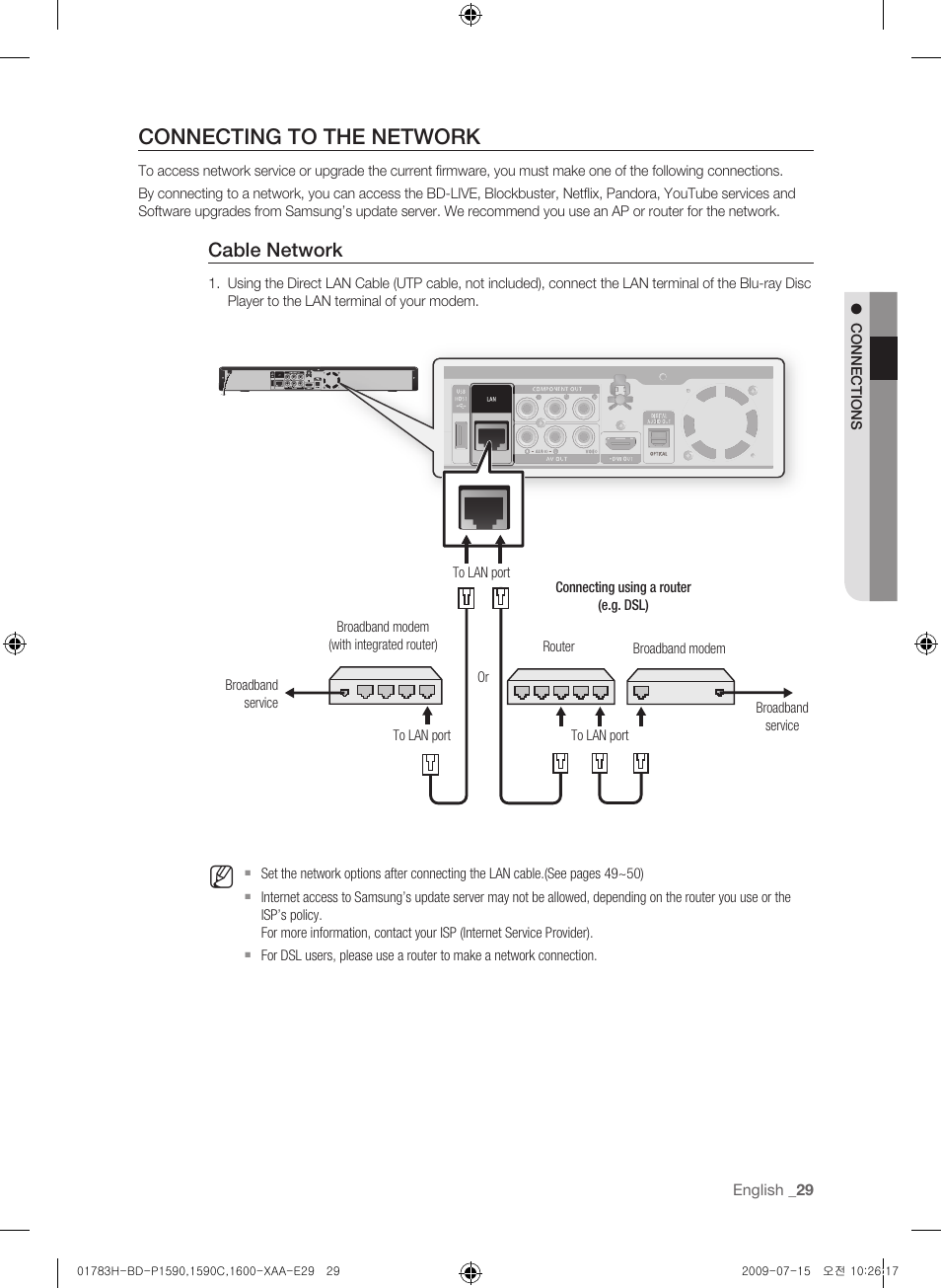 Connecting to the network, Cable network | Samsung BD-P1600-XAA User Manual | Page 29 / 87