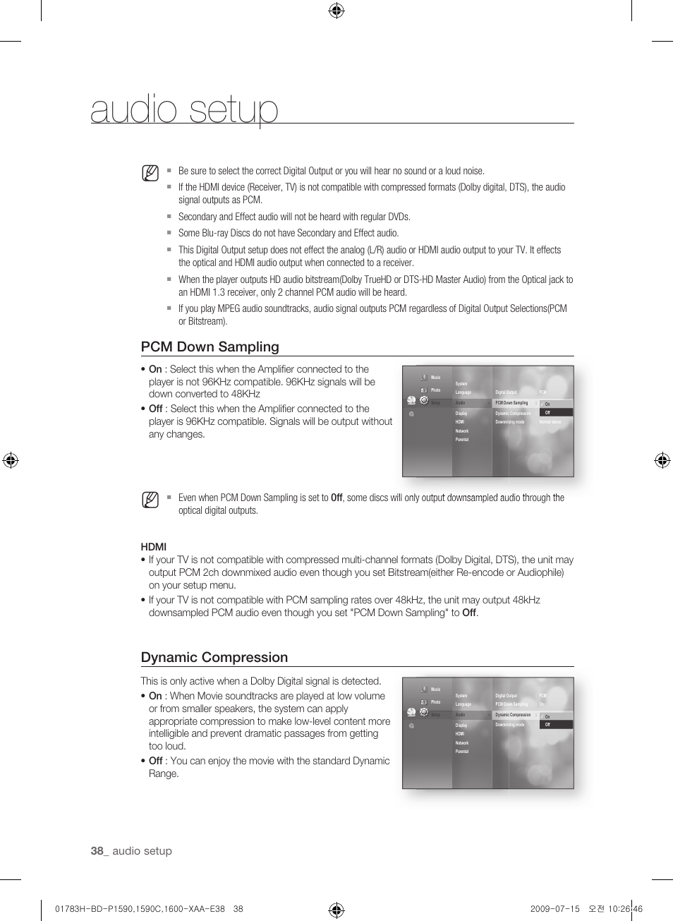 Audio setup, Pcm down sampling, Dynamic compression | 3_ audio setup | Samsung BD-P1600-XAA User Manual | Page 38 / 87