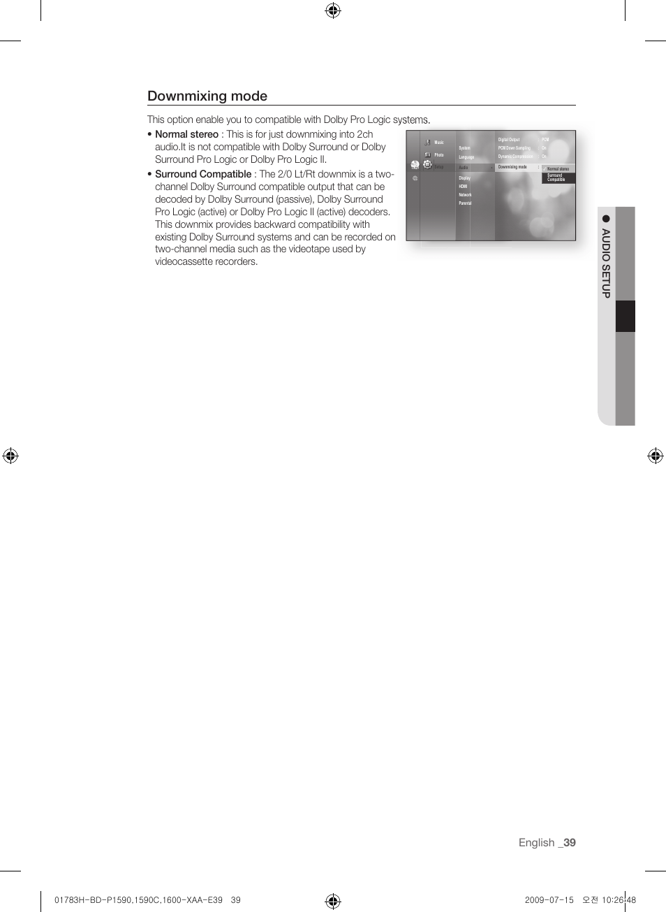 Downmixing mode, English _3, Audio setup | Samsung BD-P1600-XAA User Manual | Page 39 / 87