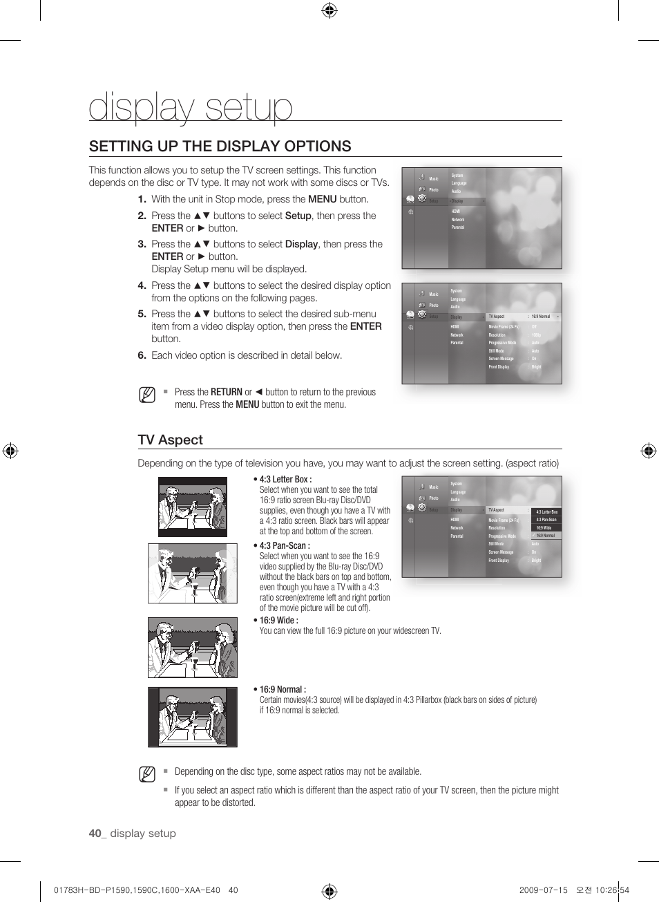 Display setup, Setting up the display options, Tv aspect | 0_ display setup | Samsung BD-P1600-XAA User Manual | Page 40 / 87