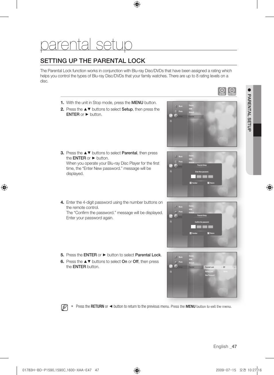 Parental setup, Setting up the parental lock, English | Samsung BD-P1600-XAA User Manual | Page 47 / 87