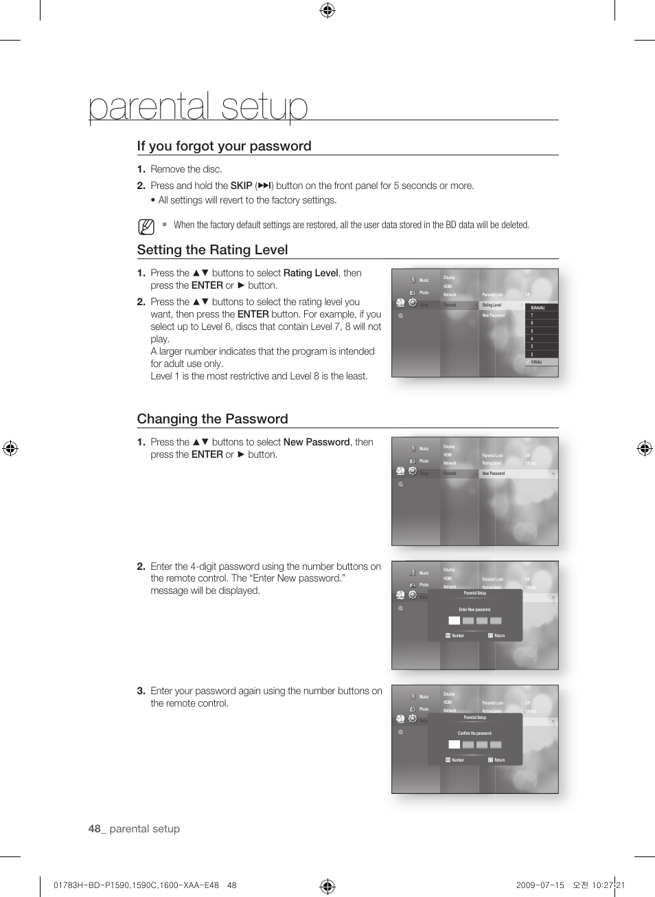 If you forgot your password, Setting the rating level, Changing the password | Parental setup | Samsung BD-P1600-XAA User Manual | Page 48 / 87