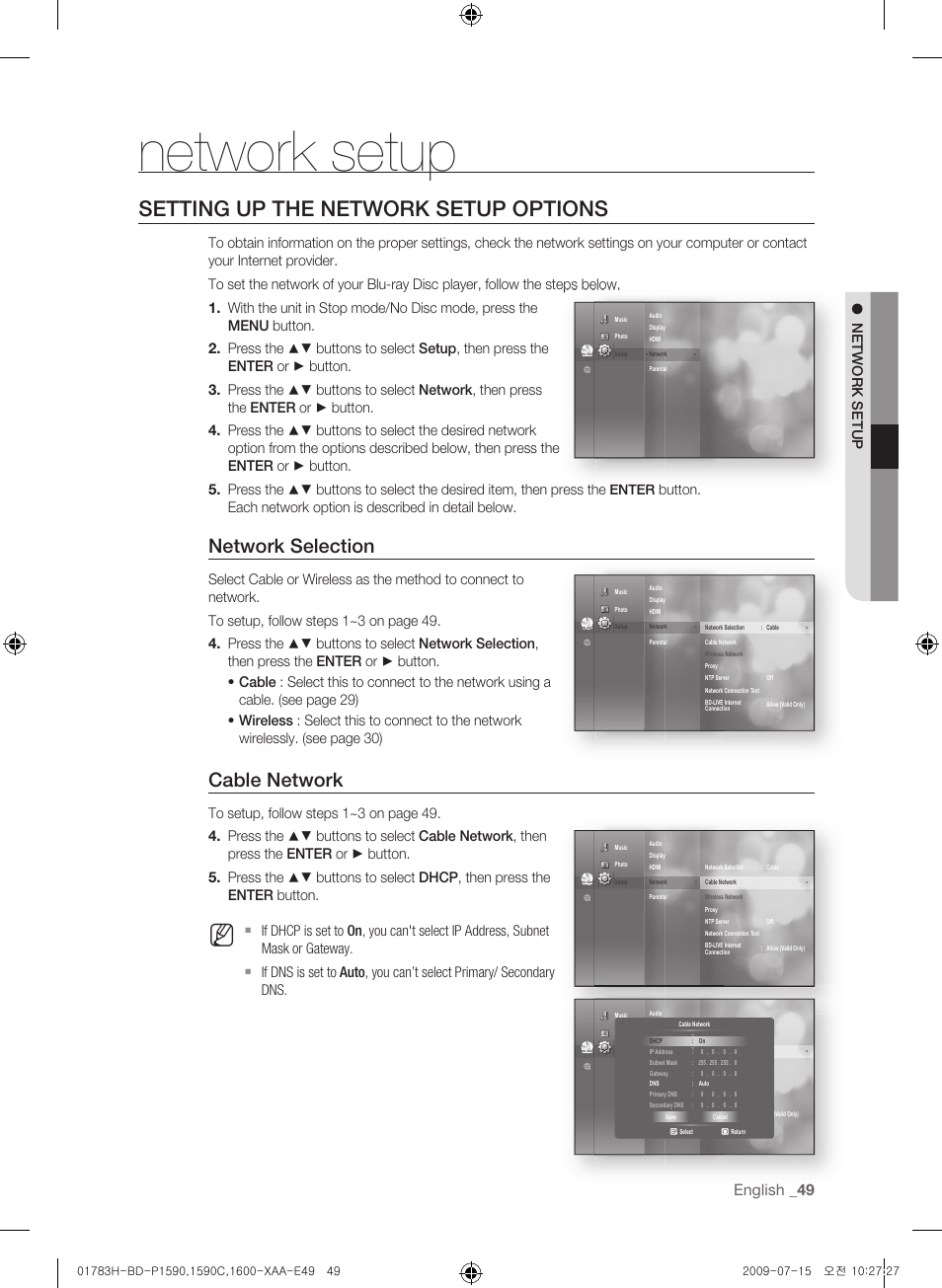 Network setup, Setting up the network setup options, Network selection | Cable network, English | Samsung BD-P1600-XAA User Manual | Page 49 / 87