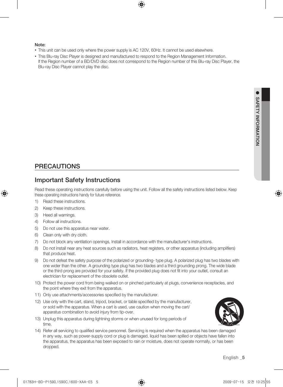 Precautions, Precautions important safety instructions | Samsung BD-P1600-XAA User Manual | Page 5 / 87