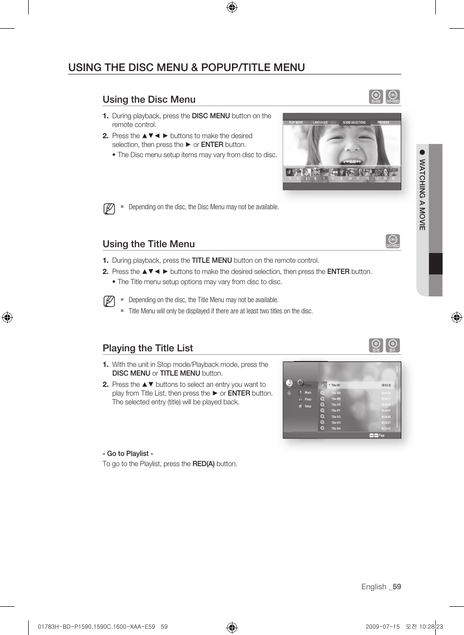 Using the disc menu & popup/title menu, Using the disc menu, Using the title menu | Playing the title list, English | Samsung BD-P1600-XAA User Manual | Page 59 / 87