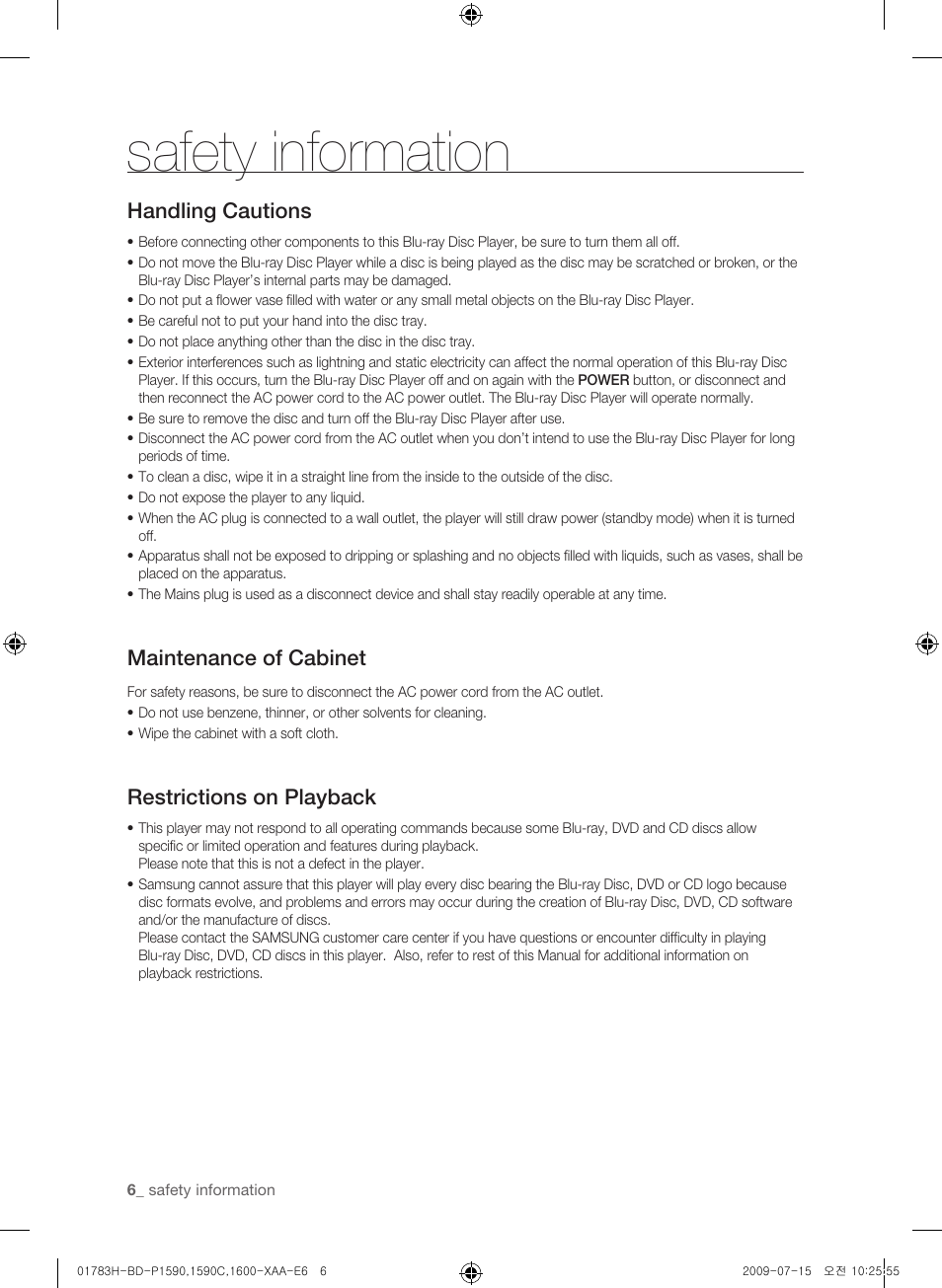 Safety information, Handling cautions, Maintenance of cabinet | Restrictions on playback | Samsung BD-P1600-XAA User Manual | Page 6 / 87