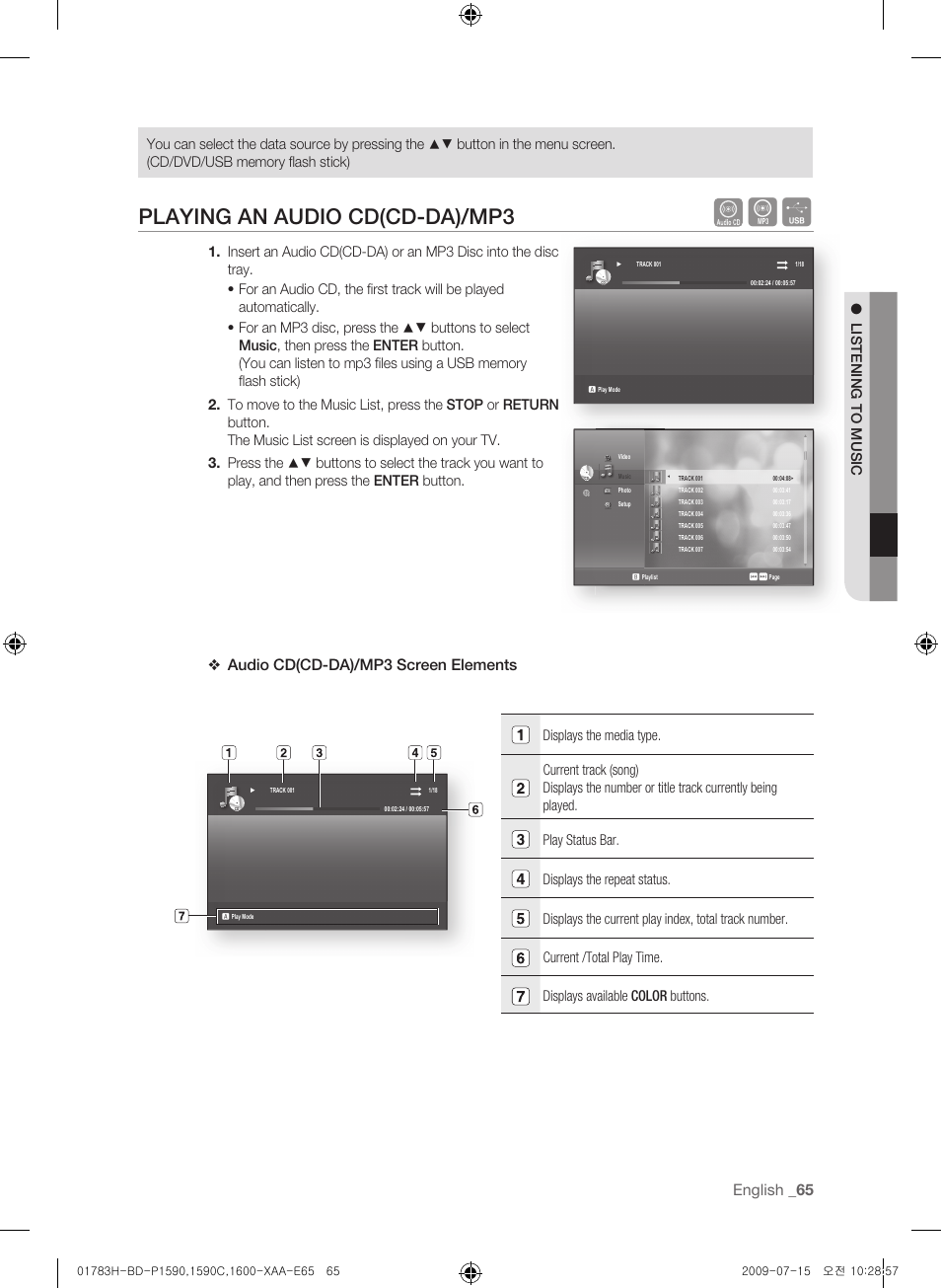 Playing an audio cd(cd-da)/mp3, English, Audio cd(cd-da)/mp3 screen elements | Samsung BD-P1600-XAA User Manual | Page 65 / 87