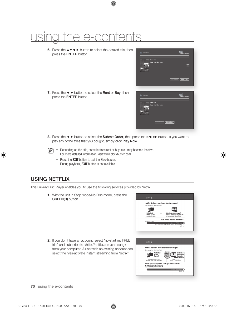 Using netflix, Using the e-contents | Samsung BD-P1600-XAA User Manual | Page 70 / 87