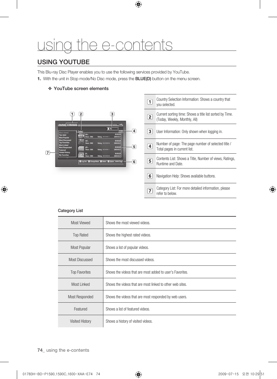 Using youtube, Using the e-contents, Youtube screen elements | Samsung BD-P1600-XAA User Manual | Page 74 / 87